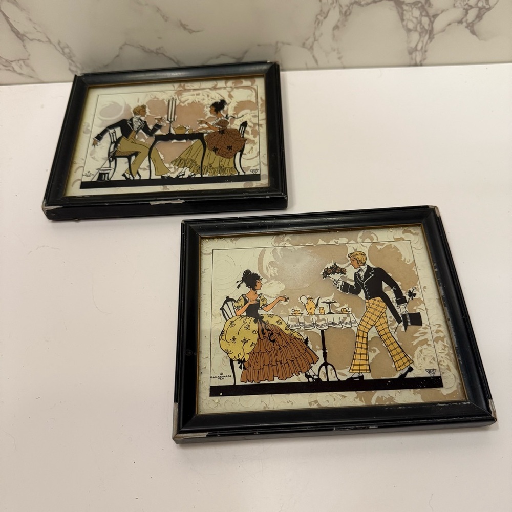 VINTAGE 1931 C&A RICHARDS FRAMED SILHOUETTES SET OF 2 black pink & gold